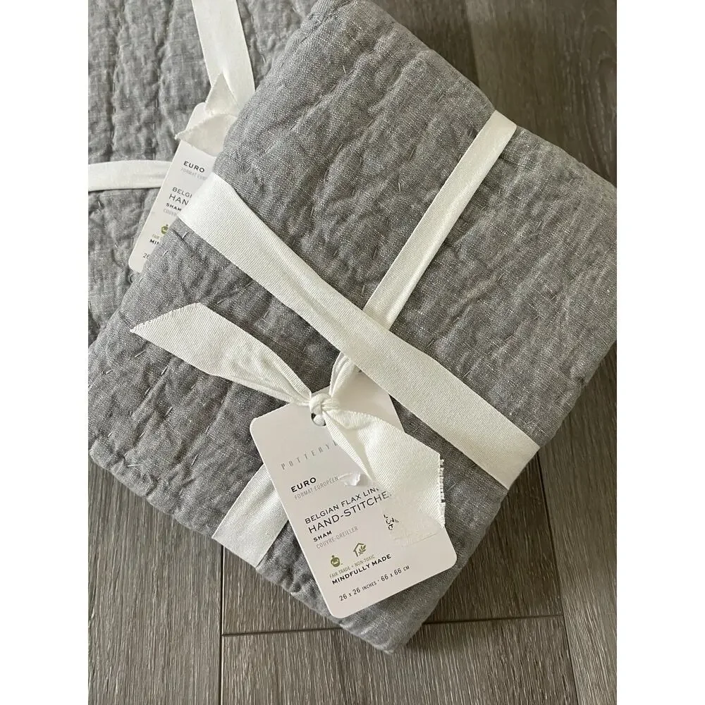 New Pottery Barn BELGIAN FLAX LINEN Hand Stitched Euro Shams Light Grey Set 2